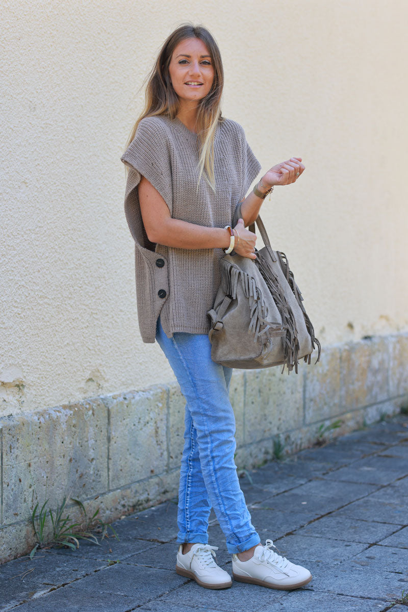 Taupe sleeveless chunky crochet knit sweater with large button