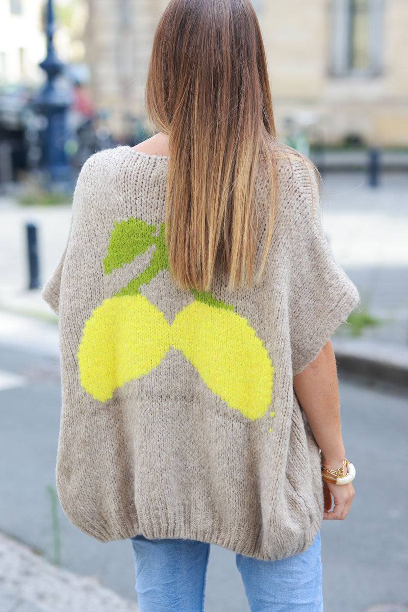 Taupe sleeveless chunky knit tie front sweater with lemon pattern