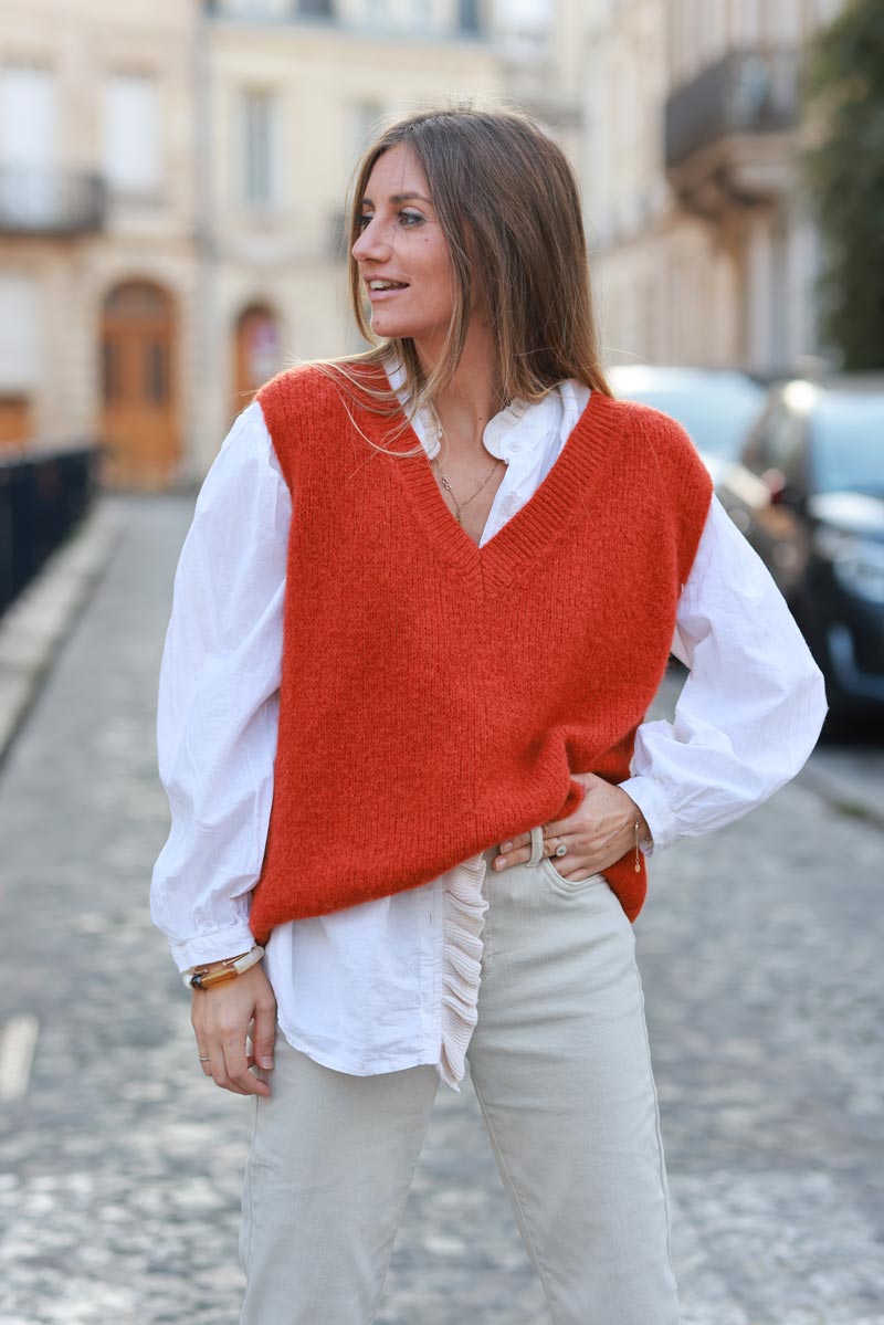 Pull sans manches terracotta en grosse maille col V cotelé