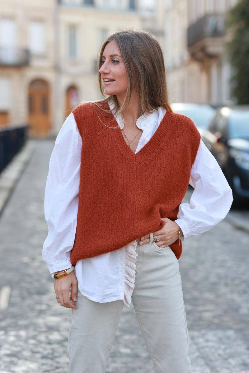 Pull sans manches terracotta en grosse maille col V cotelé