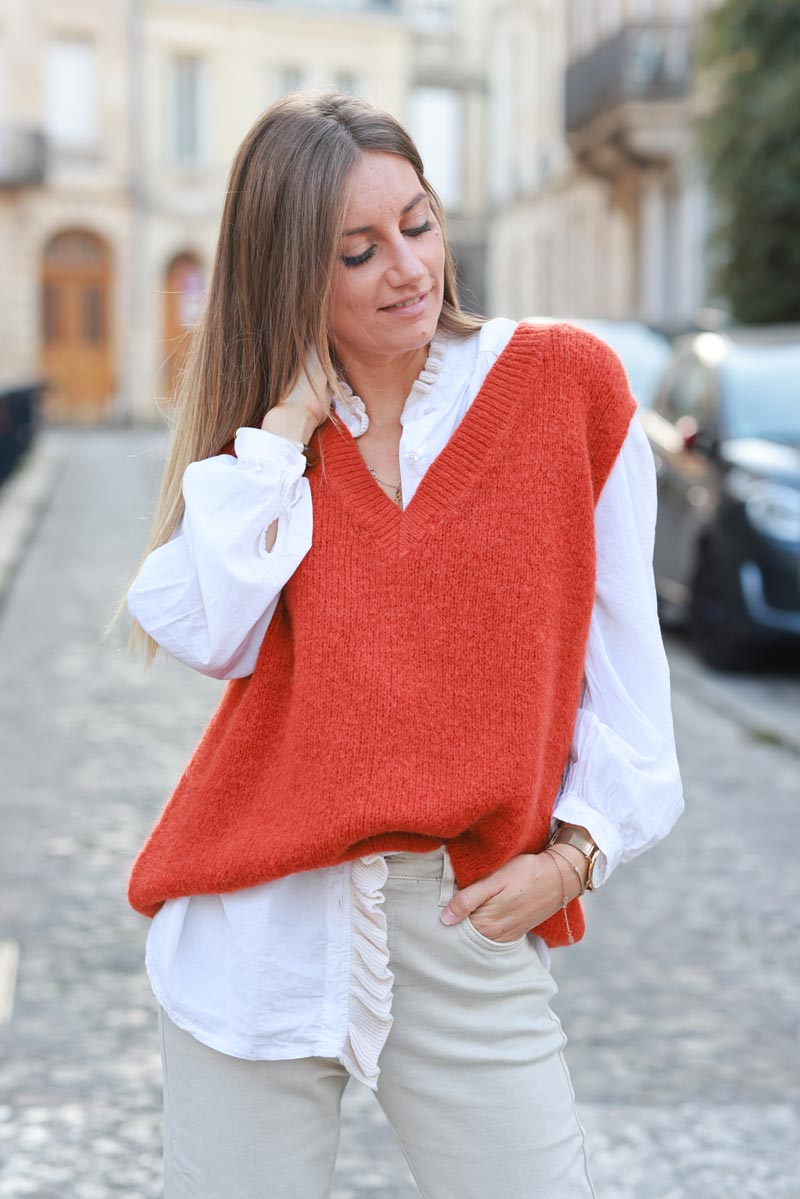 Pull sans manches terracotta en grosse maille col V cotelé