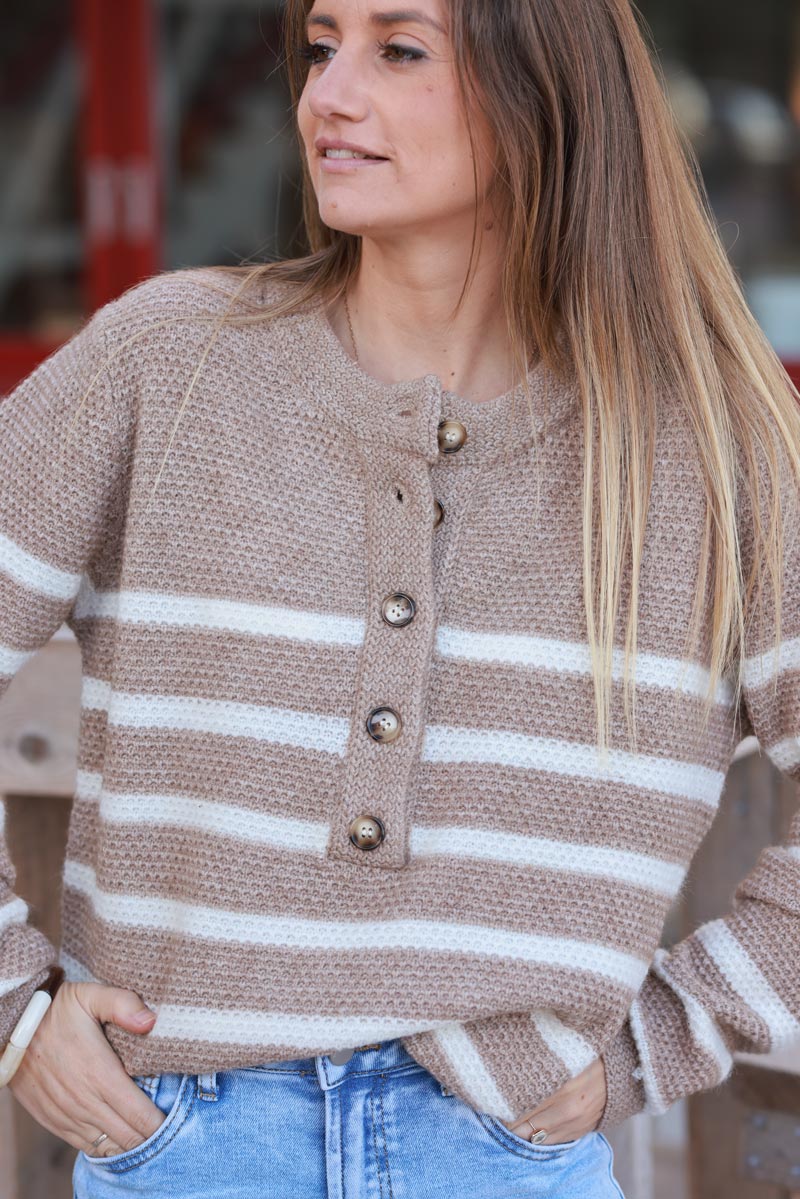 Oatmeal Stripe Waffle Knit Tee with Half Placket