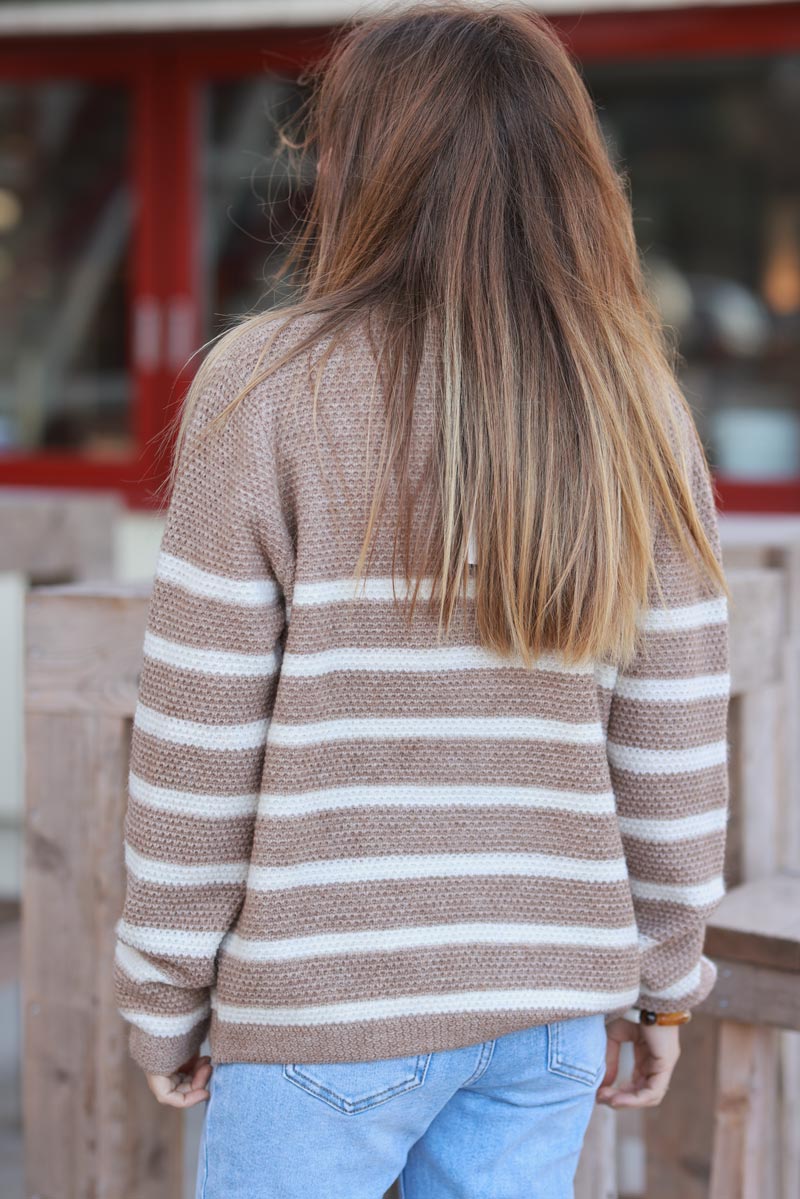 Oatmeal Stripe Waffle Knit Tee with Half Placket