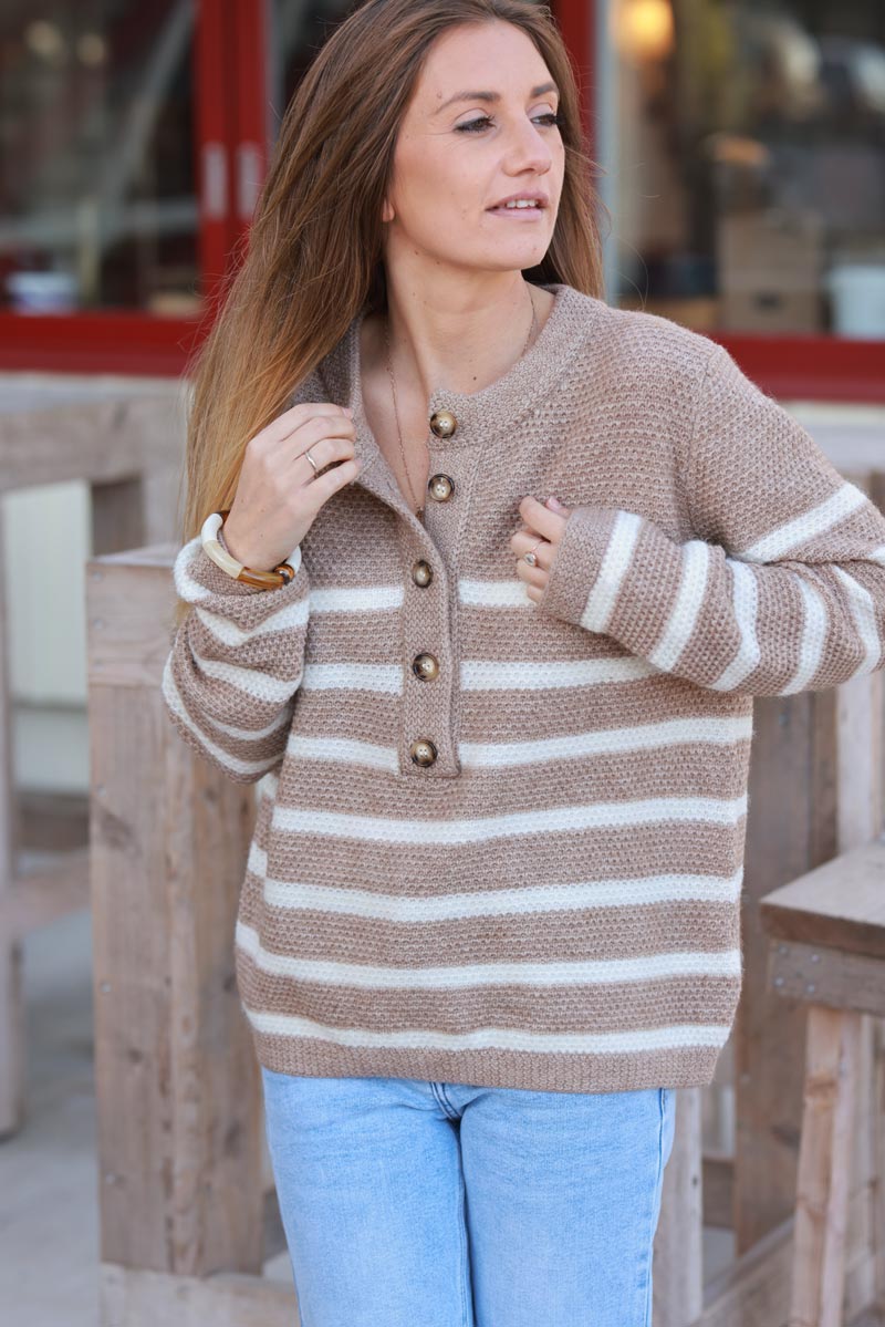 Oatmeal Stripe Waffle Knit Tee with Half Placket