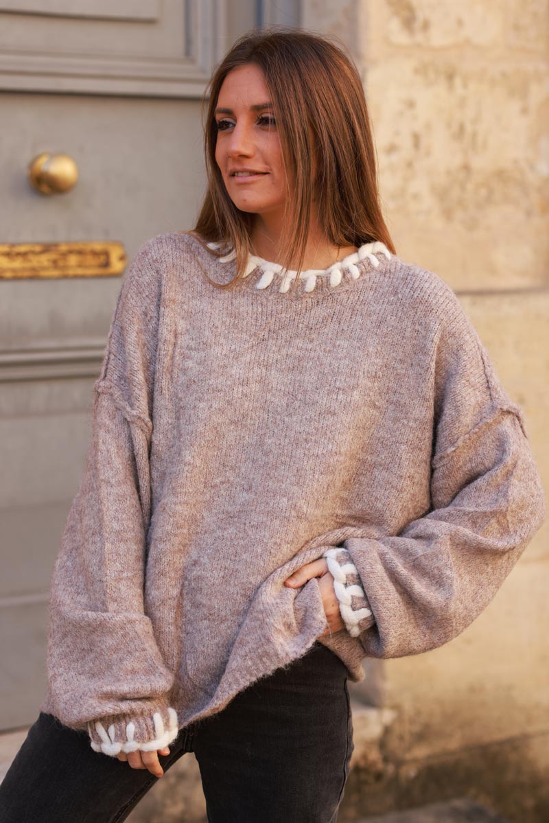 Taupe Wool Knit Sweater with Blanket Stitch Trim