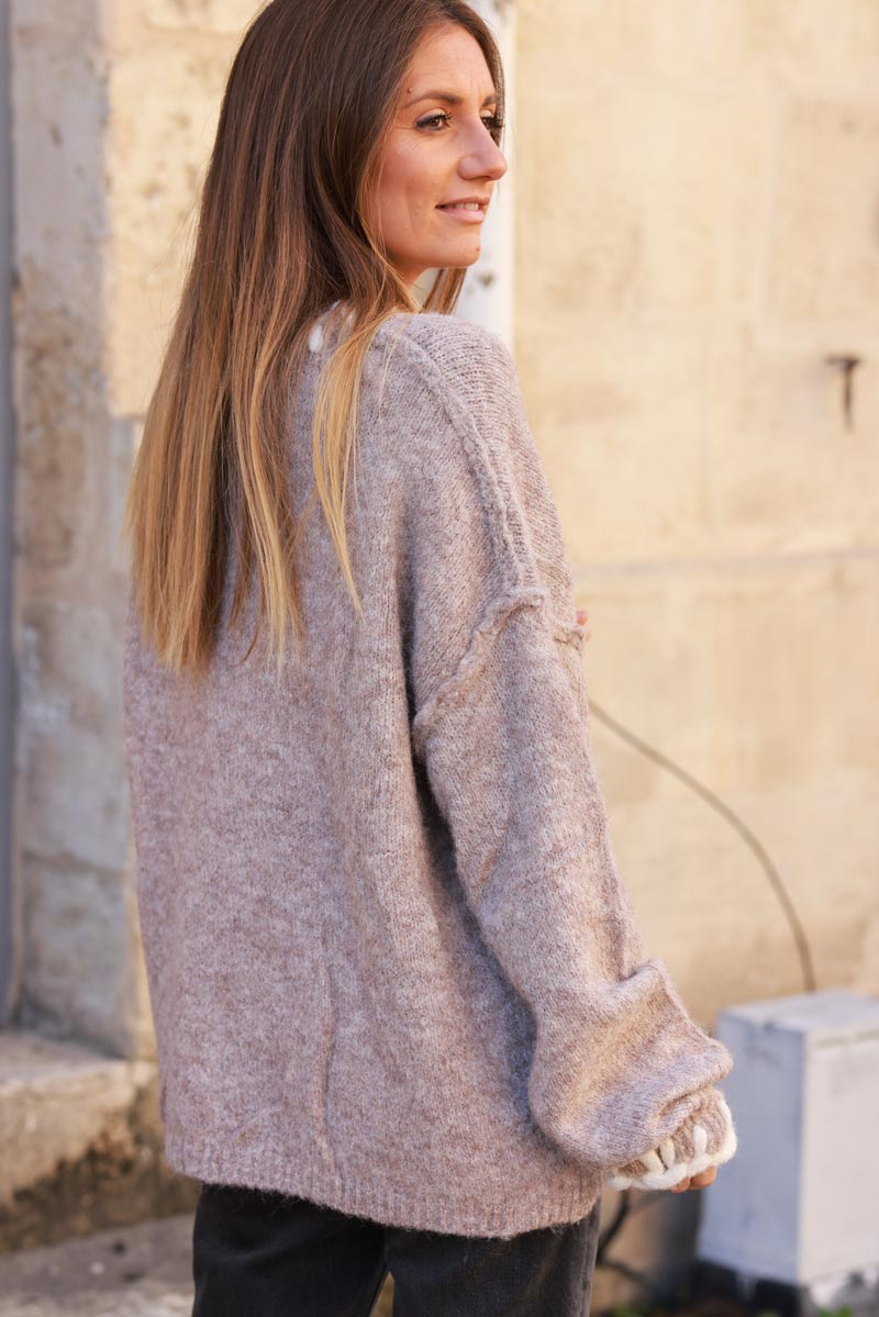 Taupe Wool Knit Sweater with Blanket Stitch Trim