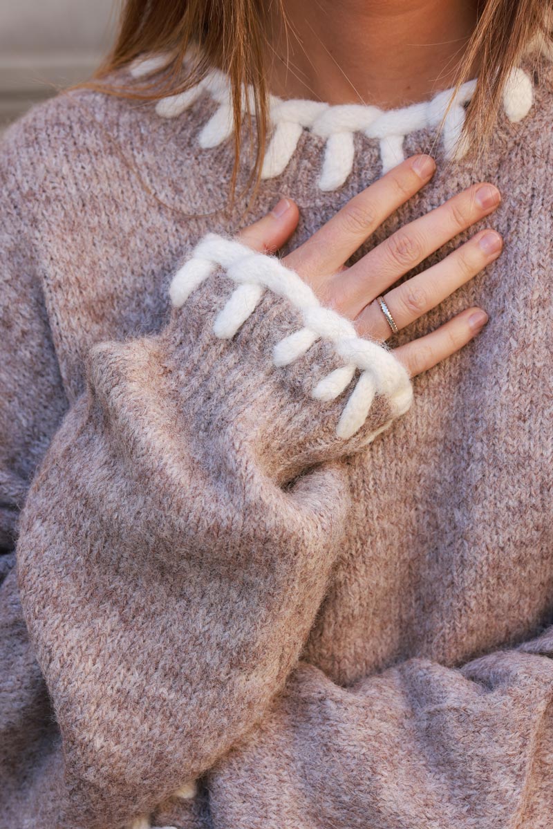 Taupe Wool Knit Sweater with Blanket Stitch Trim