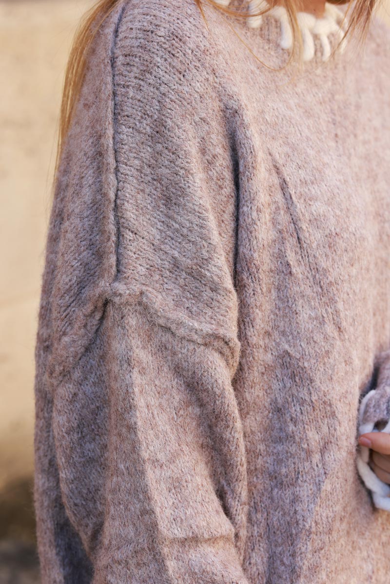 Taupe Wool Knit Sweater with Blanket Stitch Trim