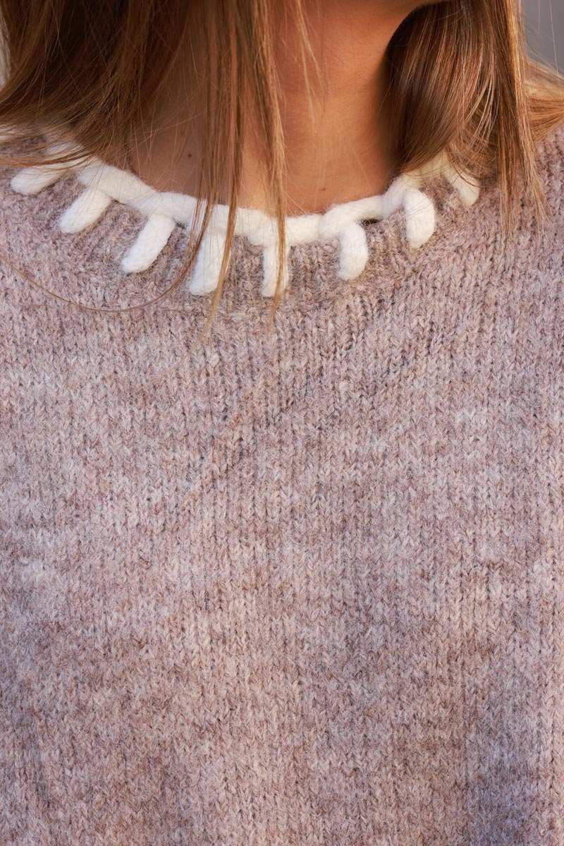 Taupe Wool Knit Sweater with Blanket Stitch Trim