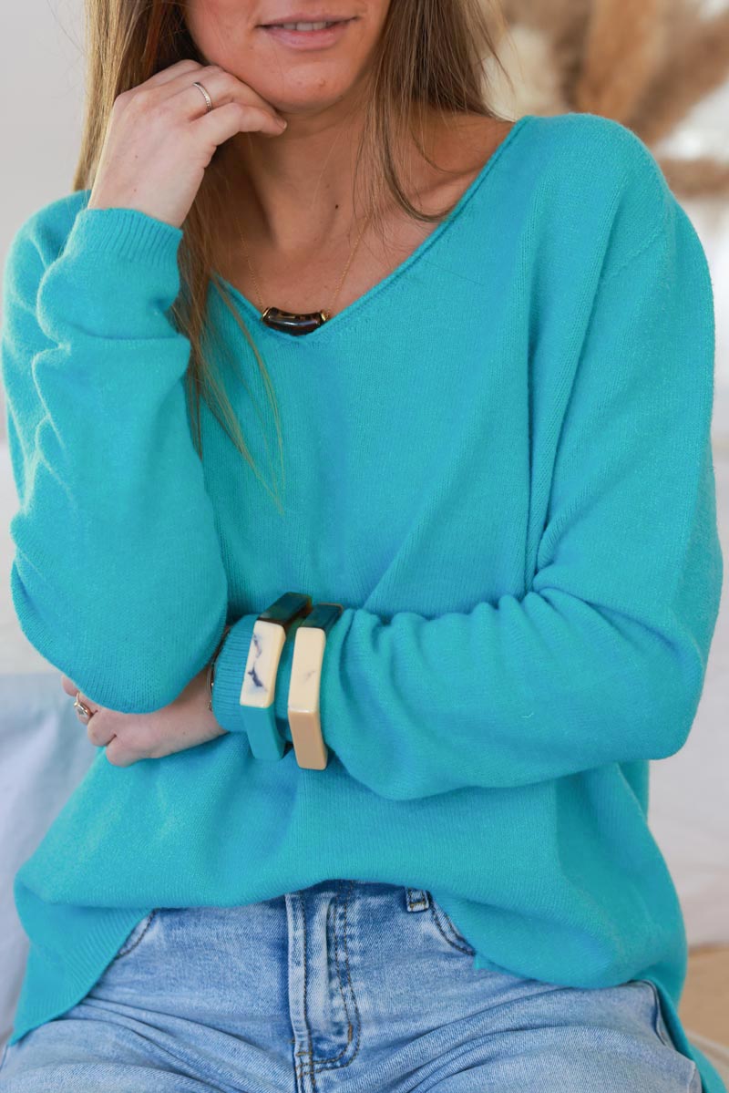 Pull basique tout doux turquoise col V