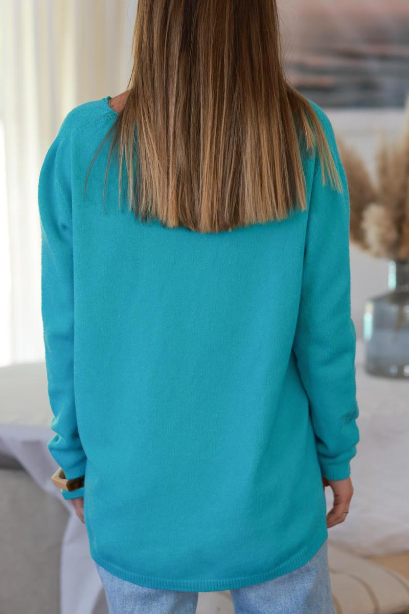 Pull basique tout doux turquoise col V