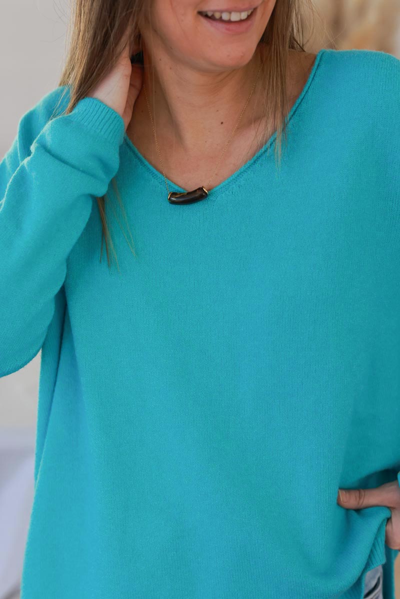 Pull basique tout doux turquoise col V