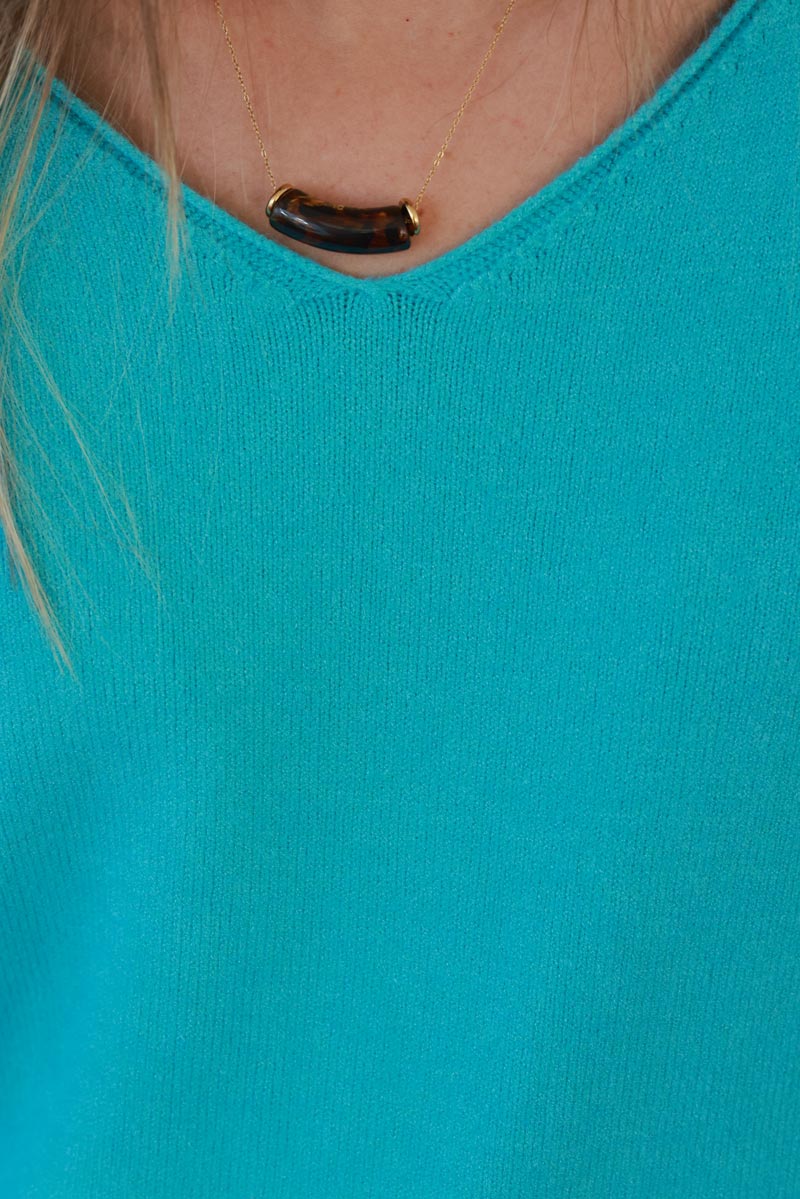 Pull basique tout doux turquoise col V