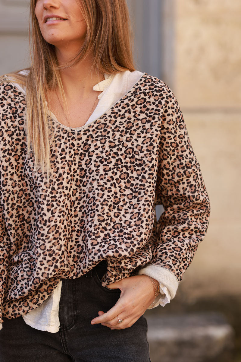 Leopard Print Waffle Knit Long-Sleeve Tee