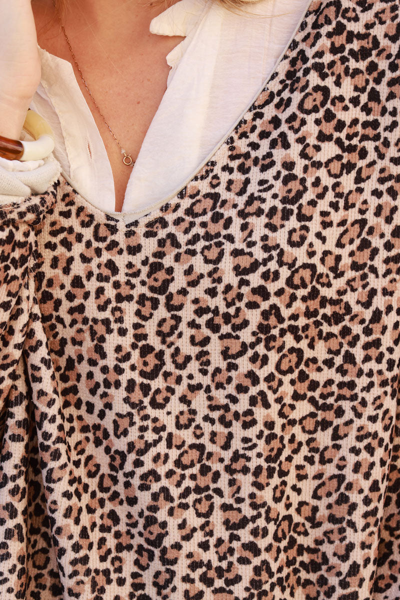 Leopard Print Waffle Knit Long-Sleeve Tee