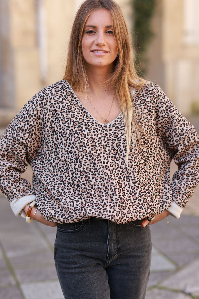 Leopard Print Waffle Knit Long-Sleeve Tee