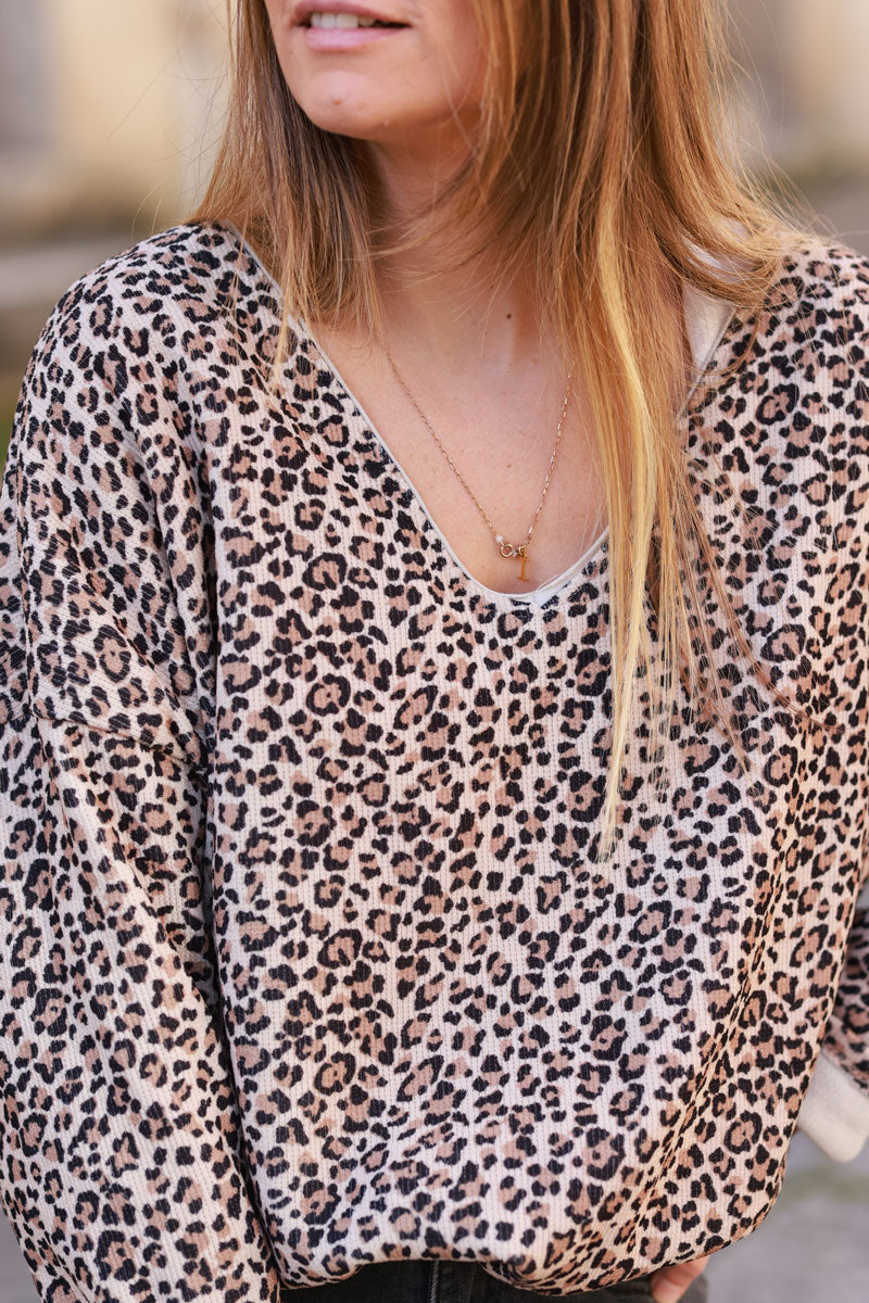 Leopard Print Waffle Knit Long-Sleeve Tee