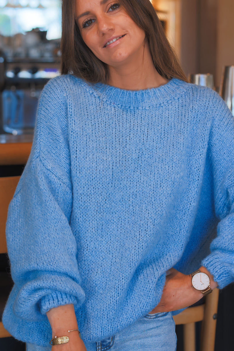 Blue Wool Blend Bubble Sleeve Sweater