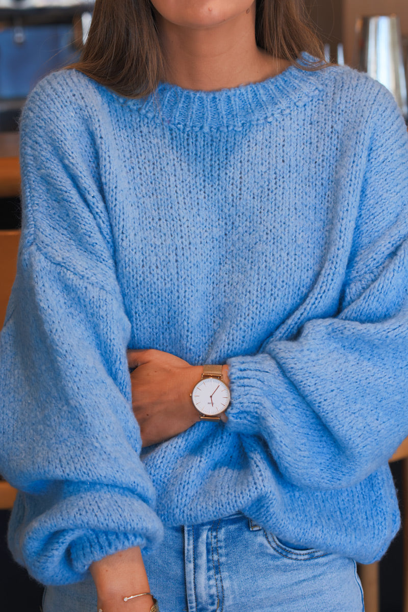 Pull tout doux bleu en maille col rond et manches bouffantes