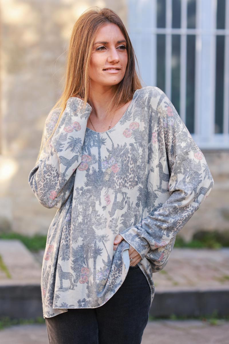 Soft Grey V-neck Jumper with Jungle-inspired Toile de Jouy print