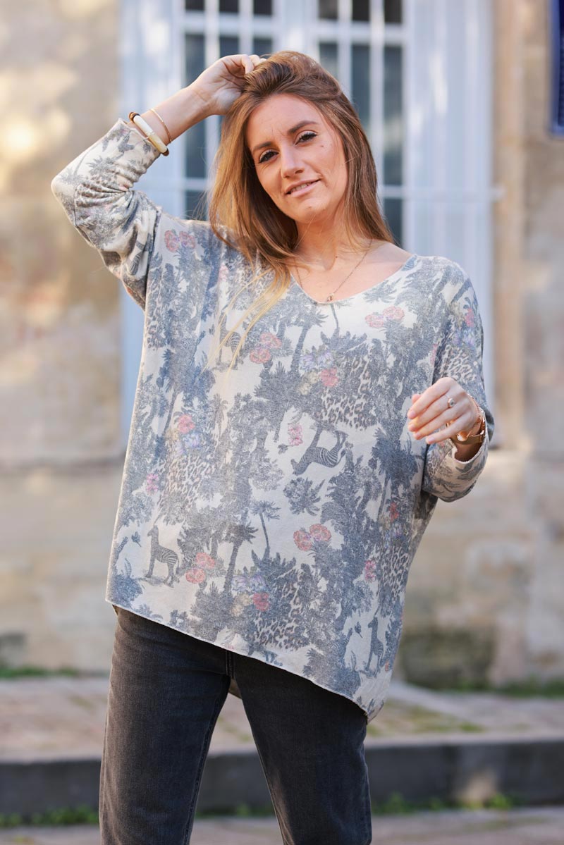 Soft Grey V-neck Jumper with Jungle-inspired Toile de Jouy print