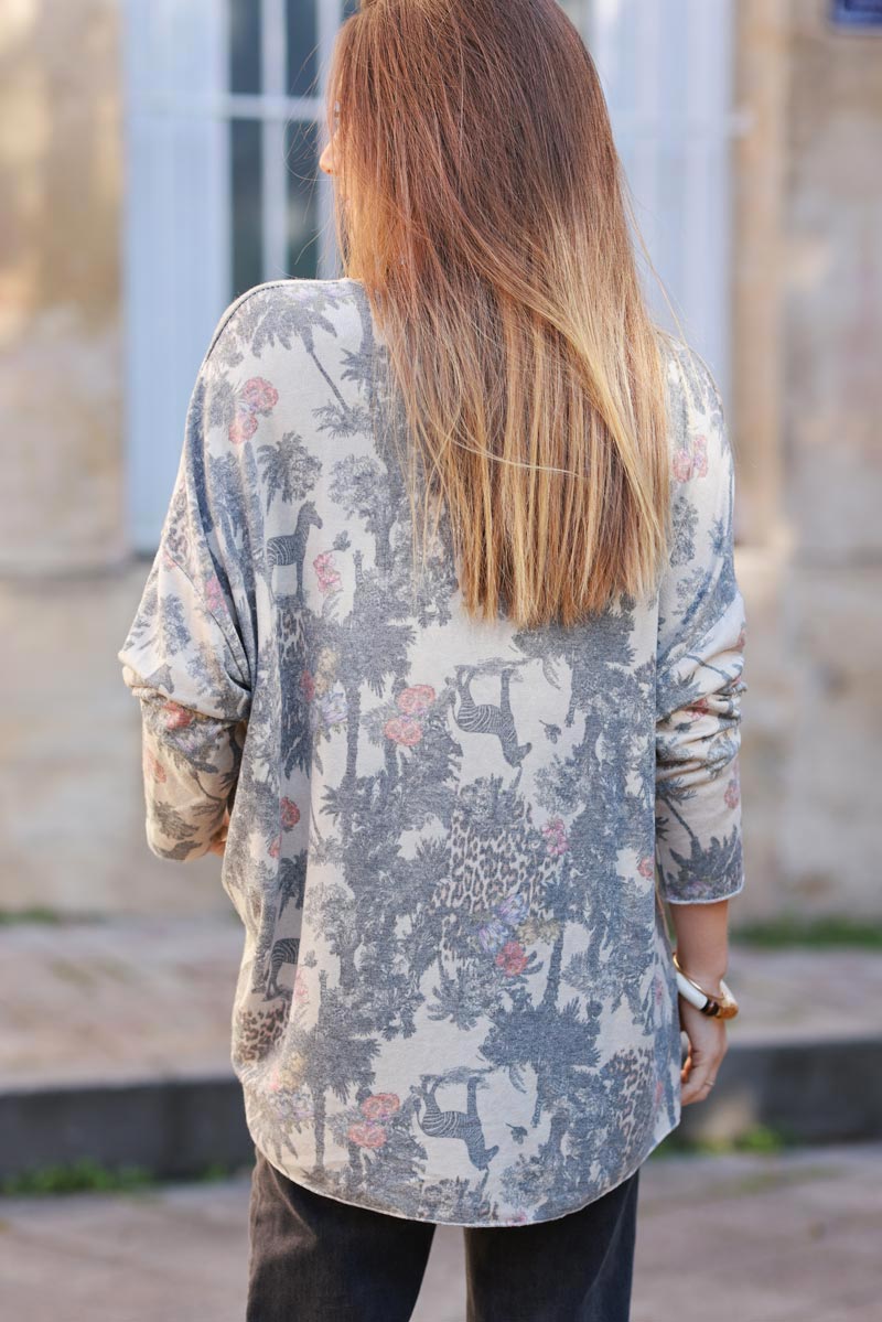 Soft Grey V-neck Jumper with Jungle-inspired Toile de Jouy print