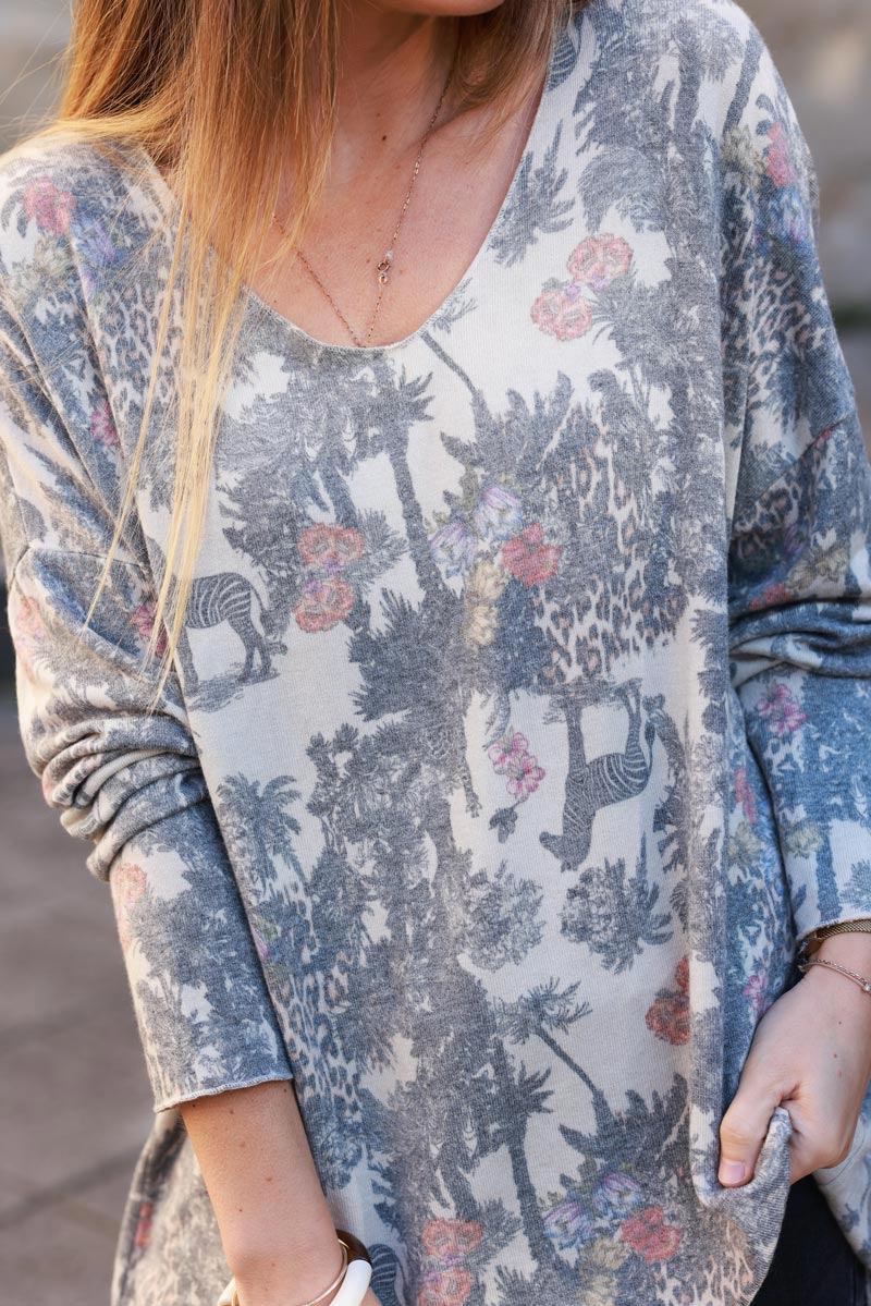 Soft Grey V-neck Sweater with Jungle-inspired Toile de Jouy print