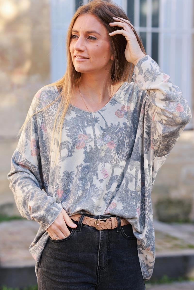 Soft Grey V-neck Sweater with Jungle-inspired Toile de Jouy print