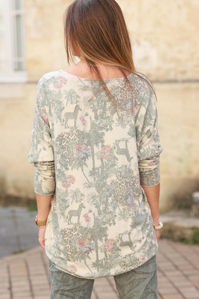 Soft khaki v-neck jumper with jungle-inspired toile de Jouy print