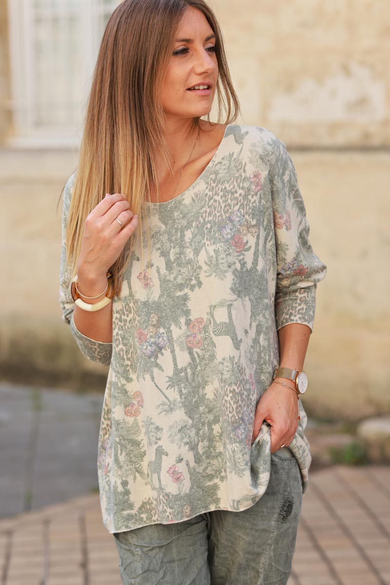 Soft khaki v-neck jumper with jungle-inspired toile de Jouy print