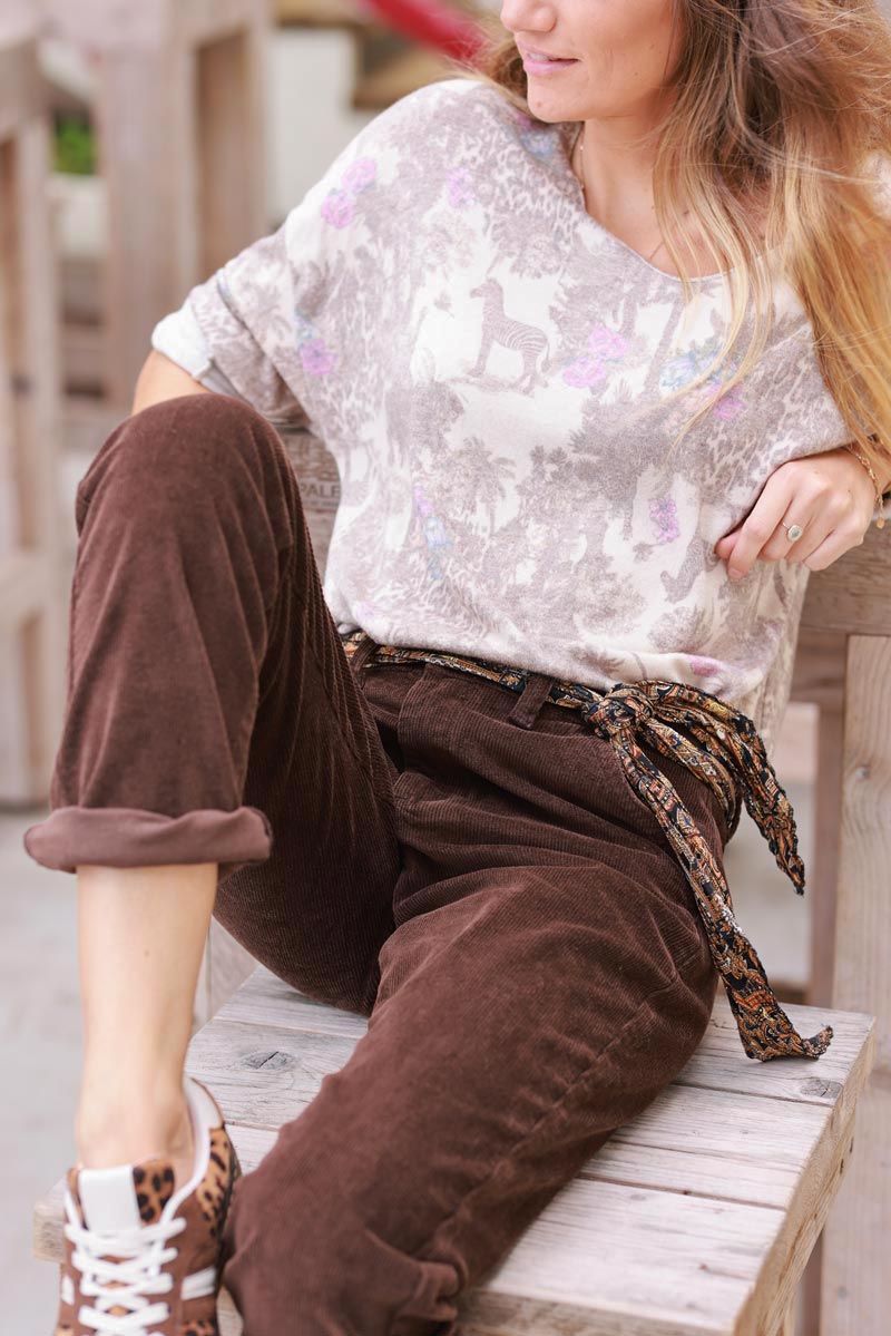 Soft Taupe V-neck Jumper with Jungle-inspired Toile de Jouy print