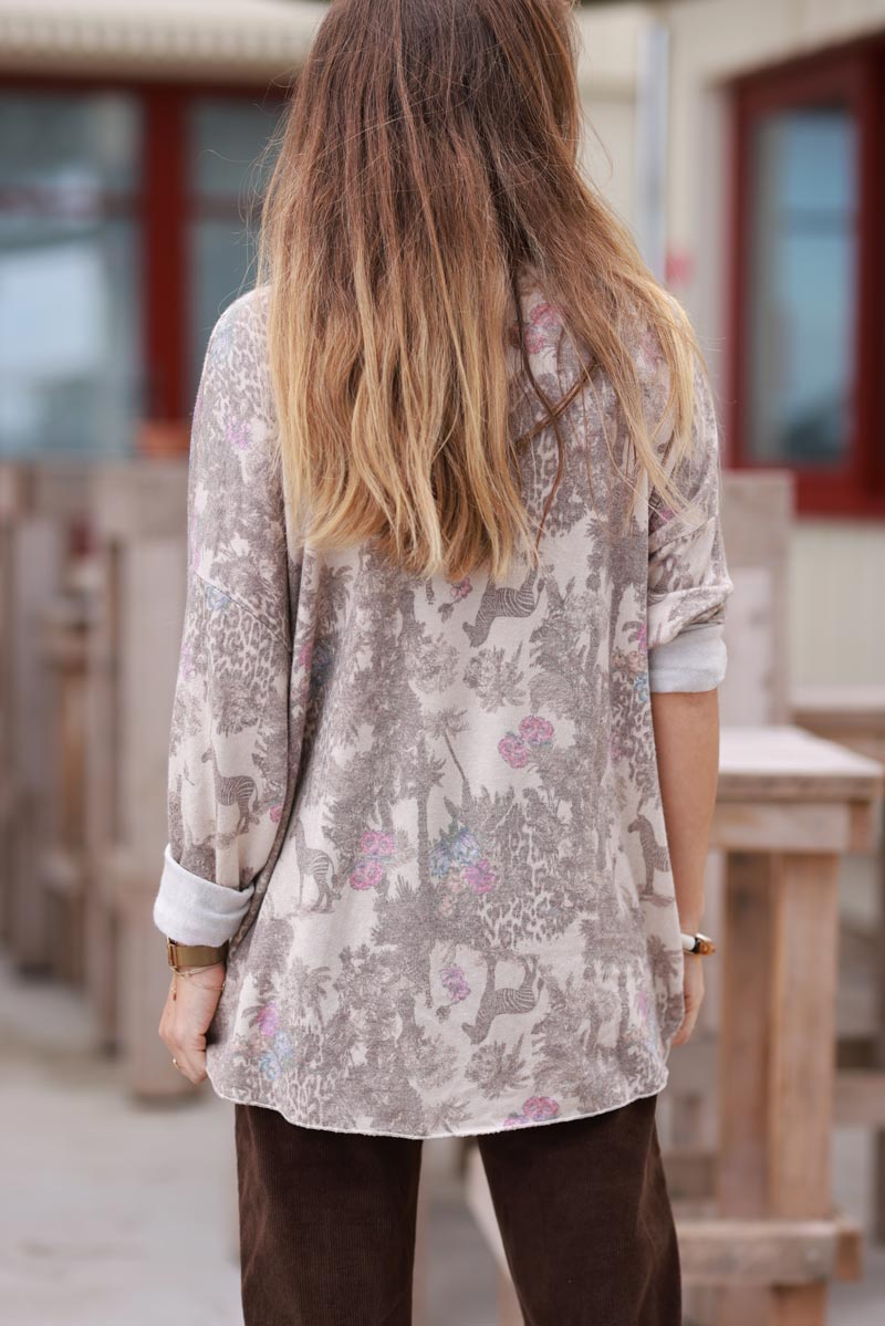 Soft Taupe V-neck Sweater with Jungle-inspired Toile de Jouy print