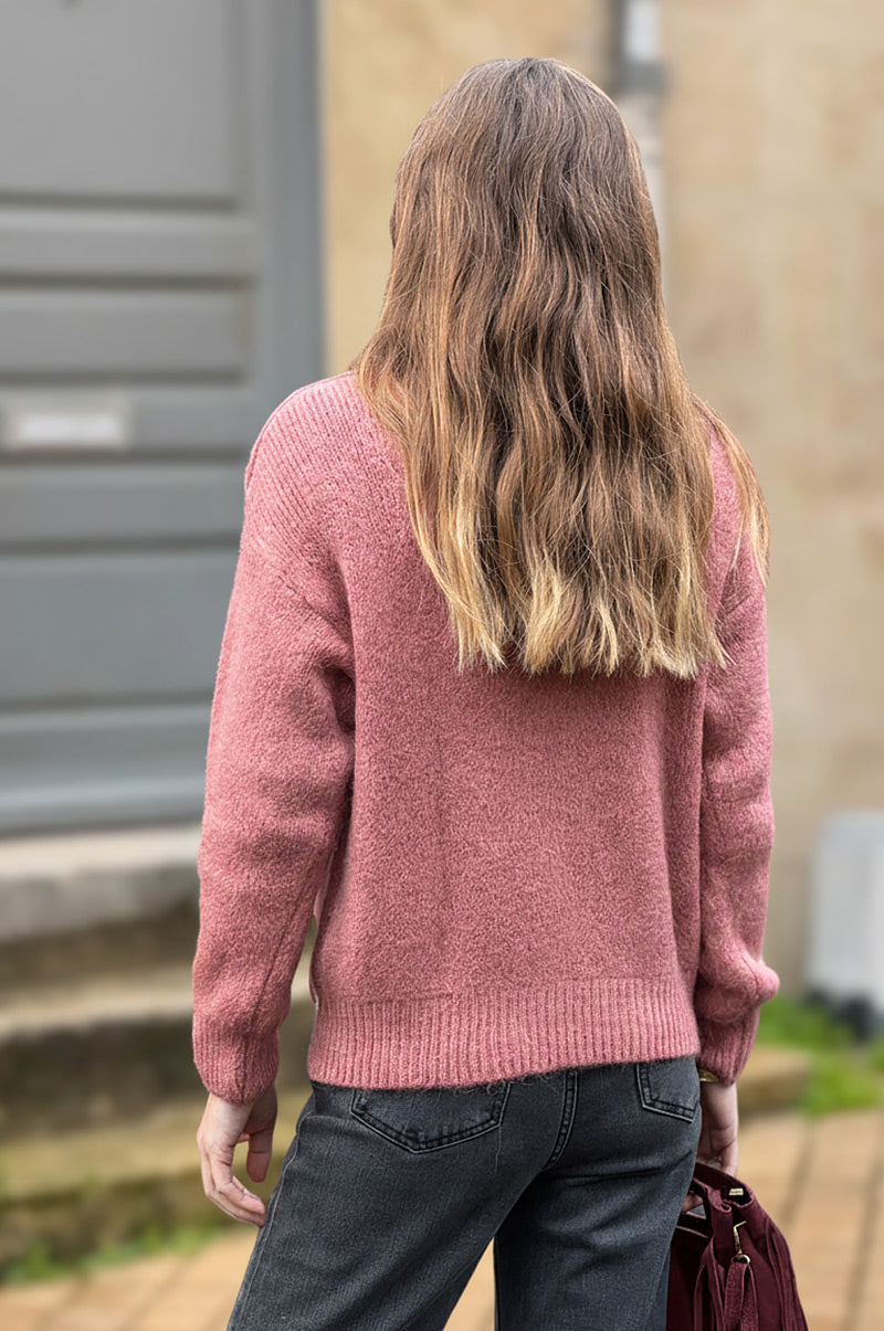 Dusty Pink Alpaca Knit Sweater with Antique Gold Button Epaulette