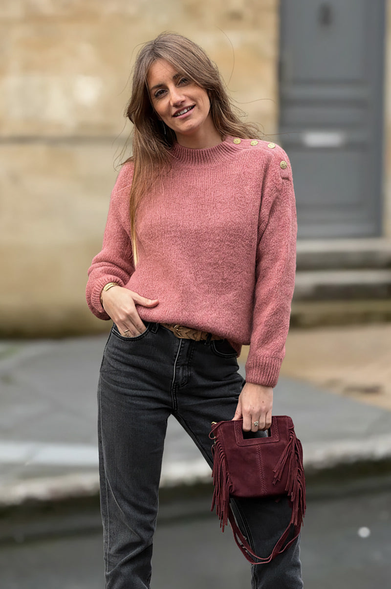 Dusty Pink Alpaca Knit Sweater with Antique Gold Button Epaulette