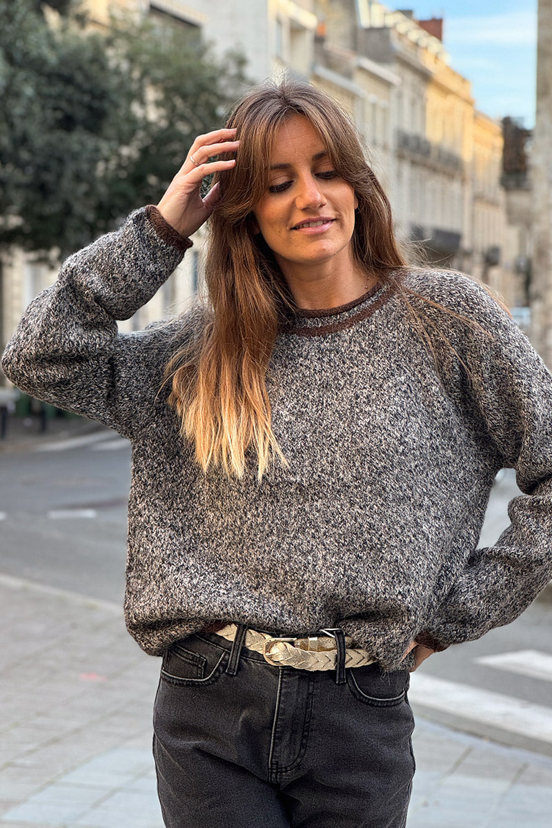 Grey Marled Knit Ring Neck Sweater