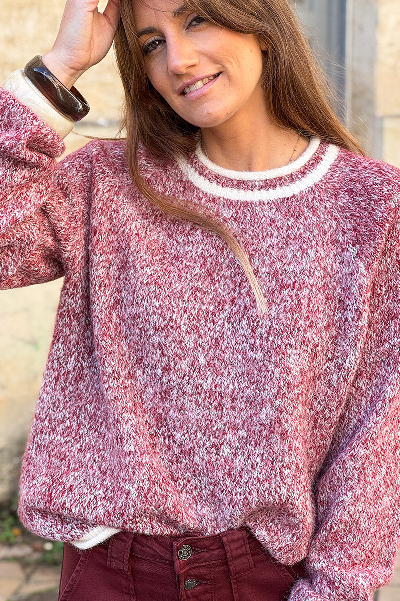 Burgundy Marled Knit Ring Neck Sweater