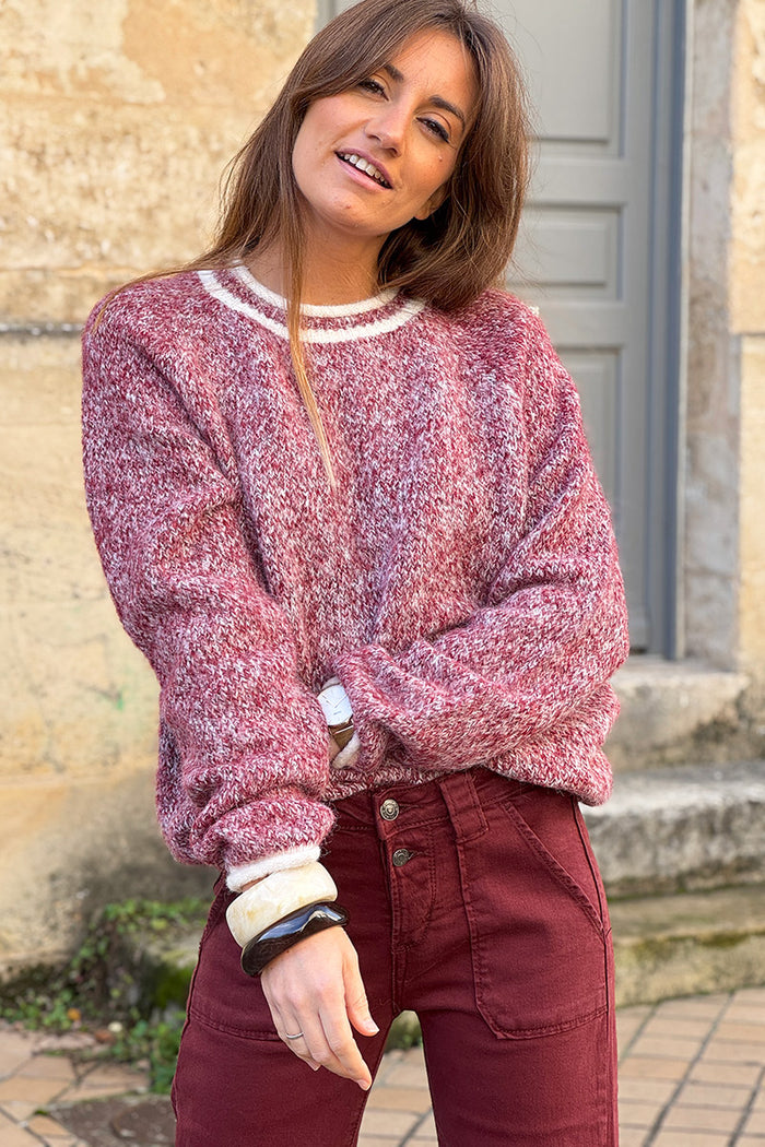 Pull tout doux et moelleux chiné rouge bordeaux détails écru - Horizons ...