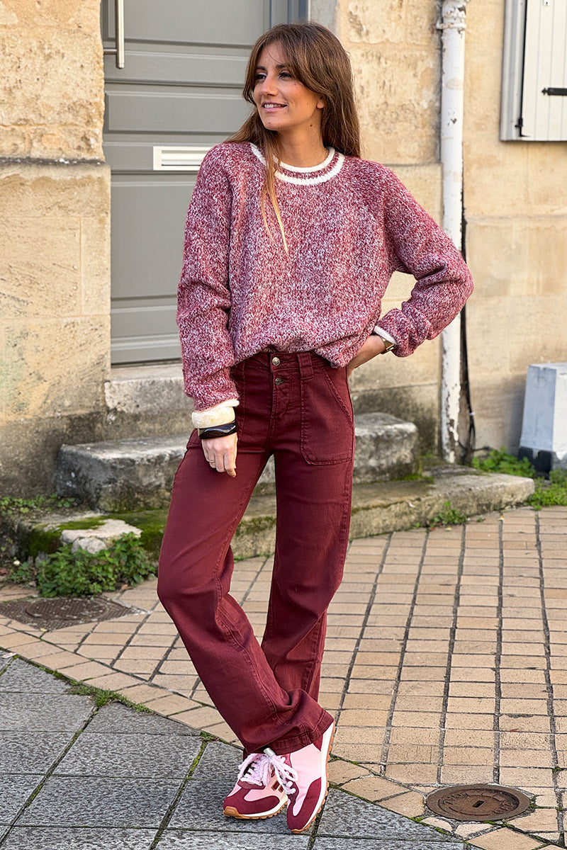 Burgundy Marled Knit Ring Neck Sweater