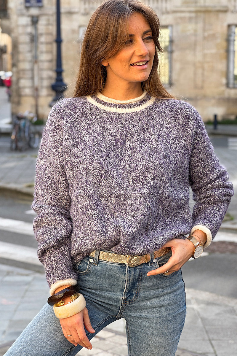 Purple Marled Knit Ring Neck Sweater