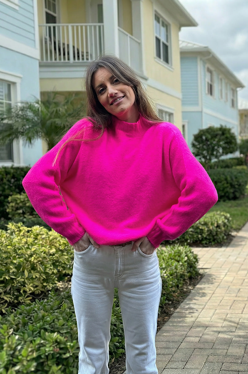 Pull tout doux fuchsia fluo maille baby alpaga col cheminée