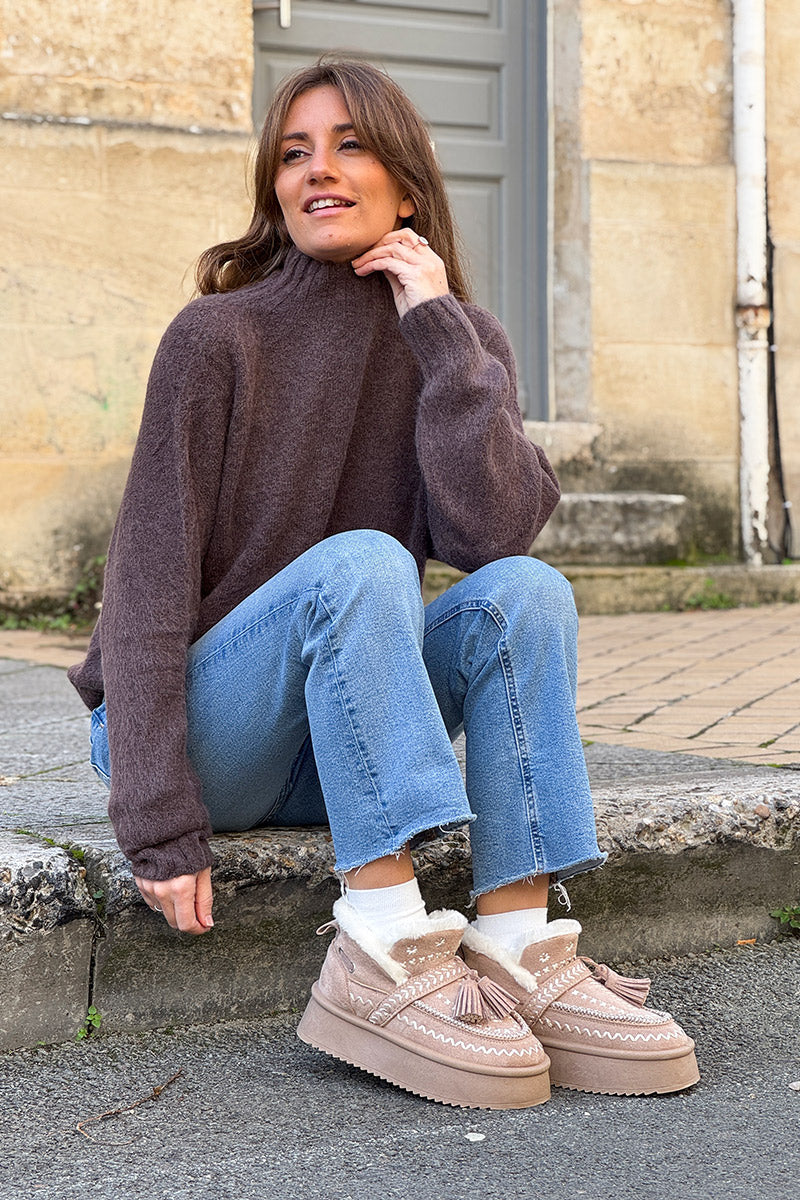 Chocolate Brown Baby Alpaca Mock Neck Sweater
