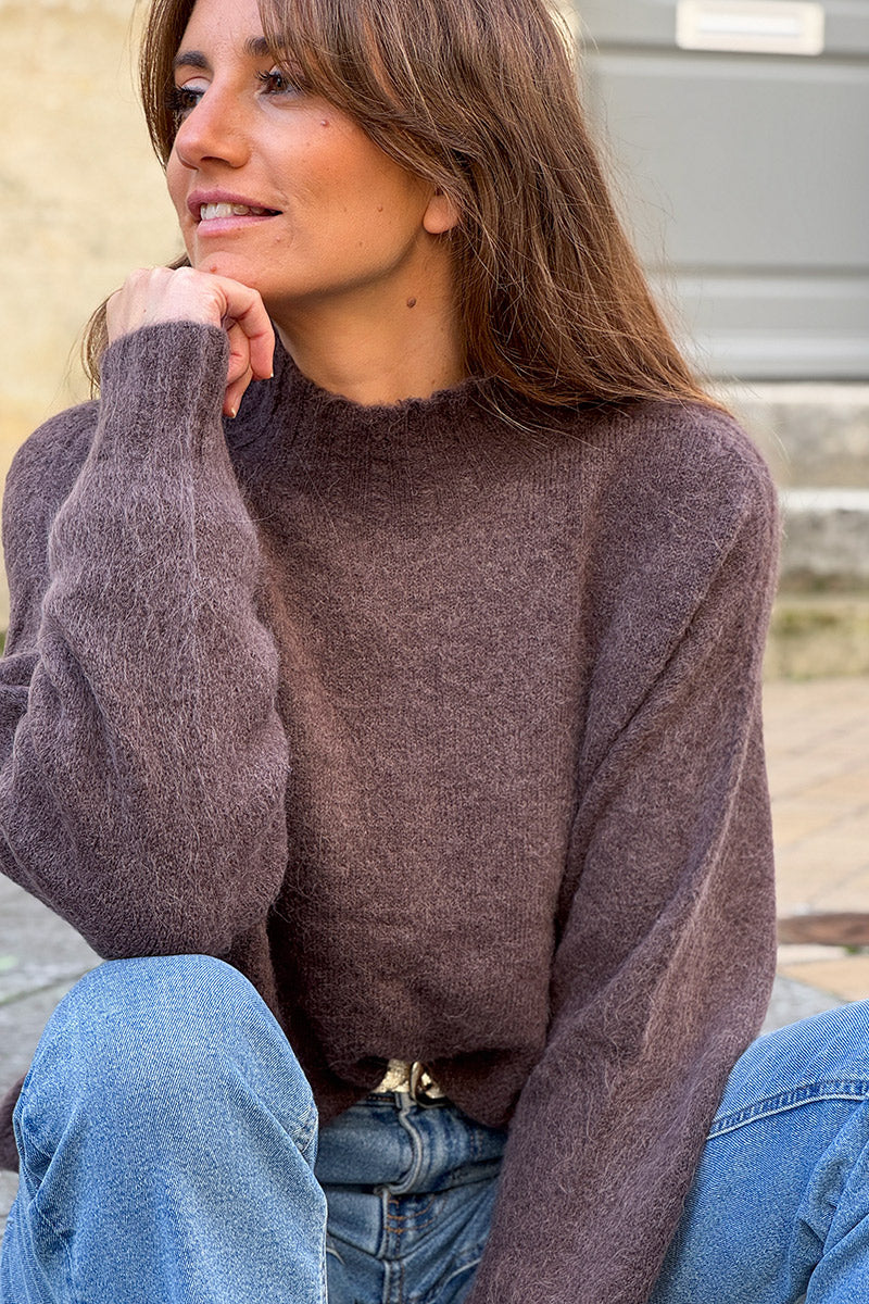 Chocolate Brown Baby Alpaca Mock Neck Sweater