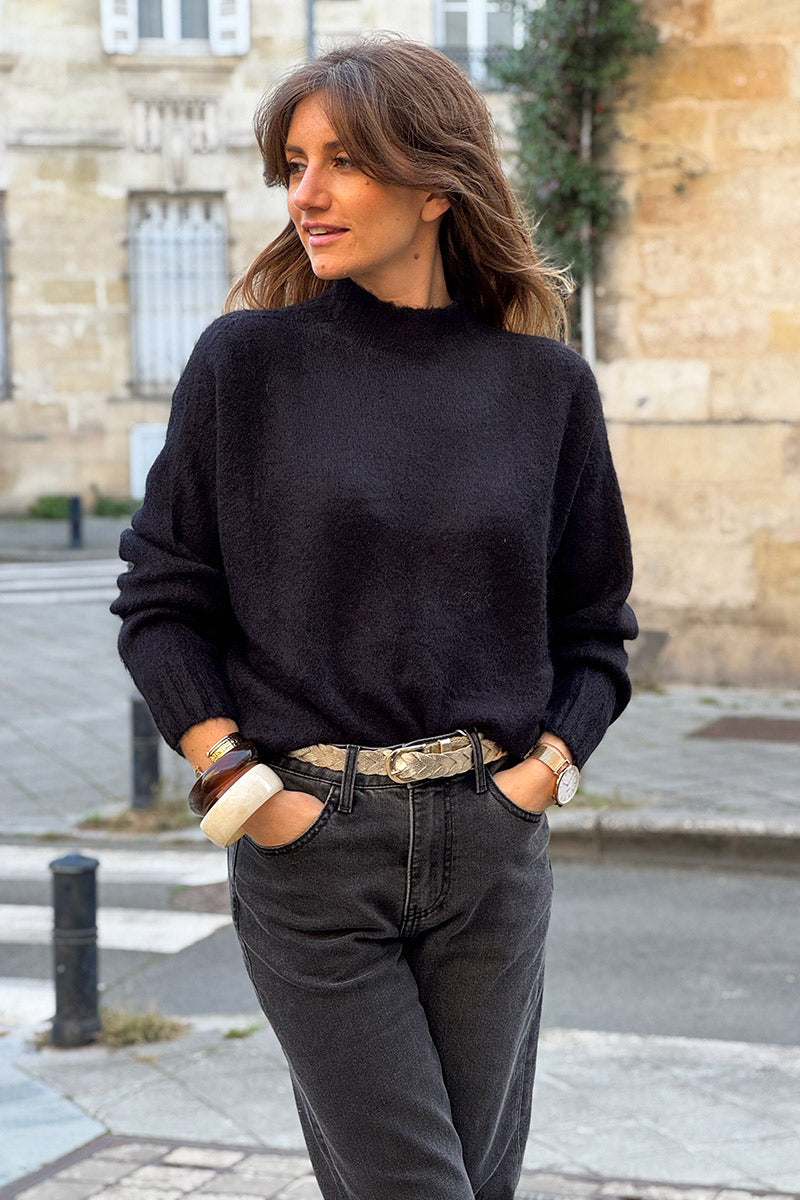 Black Baby Alpaca Mock Neck Sweater