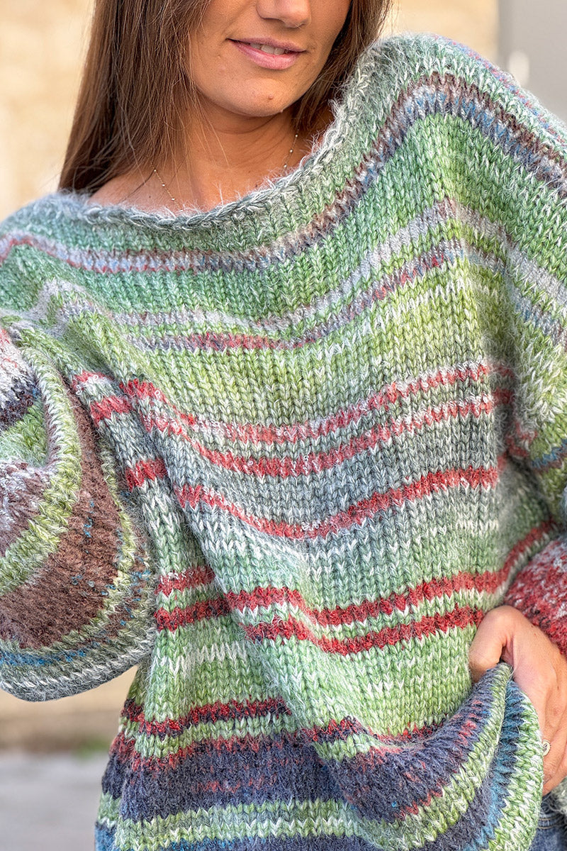 Lime Yarn Dyed Stripe Slouchy Knit Sweater