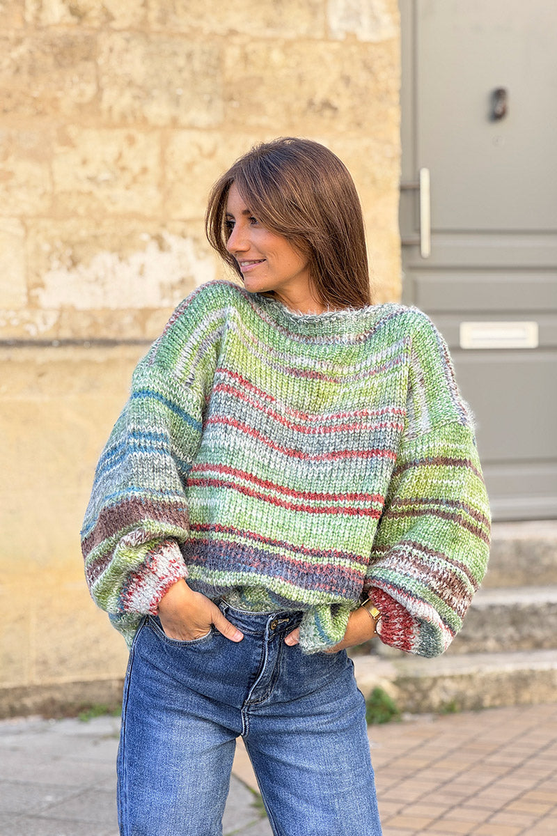 Lime Yarn Dyed Stripe Slouchy Knit Sweater