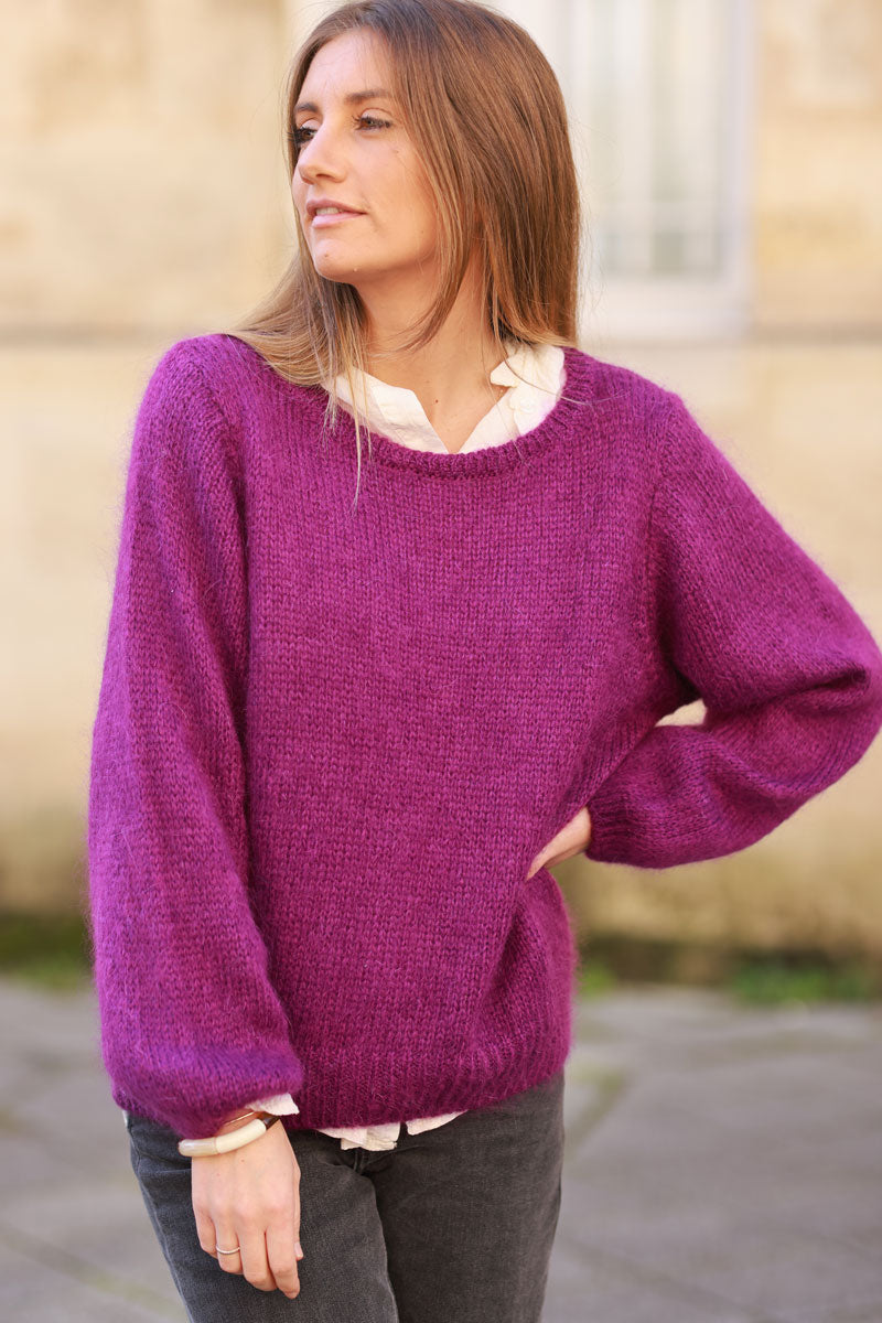 Pull violet en maille manches bouffantes col rond