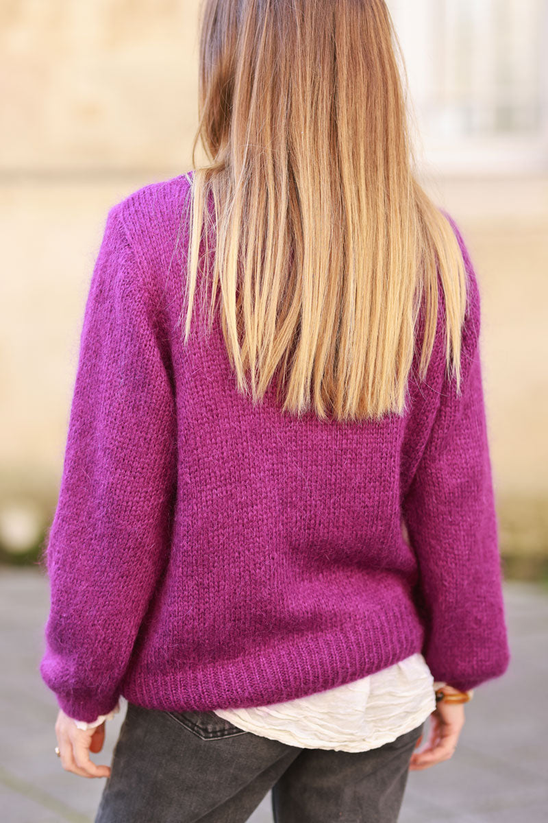 Pull violet en maille manches bouffantes col rond