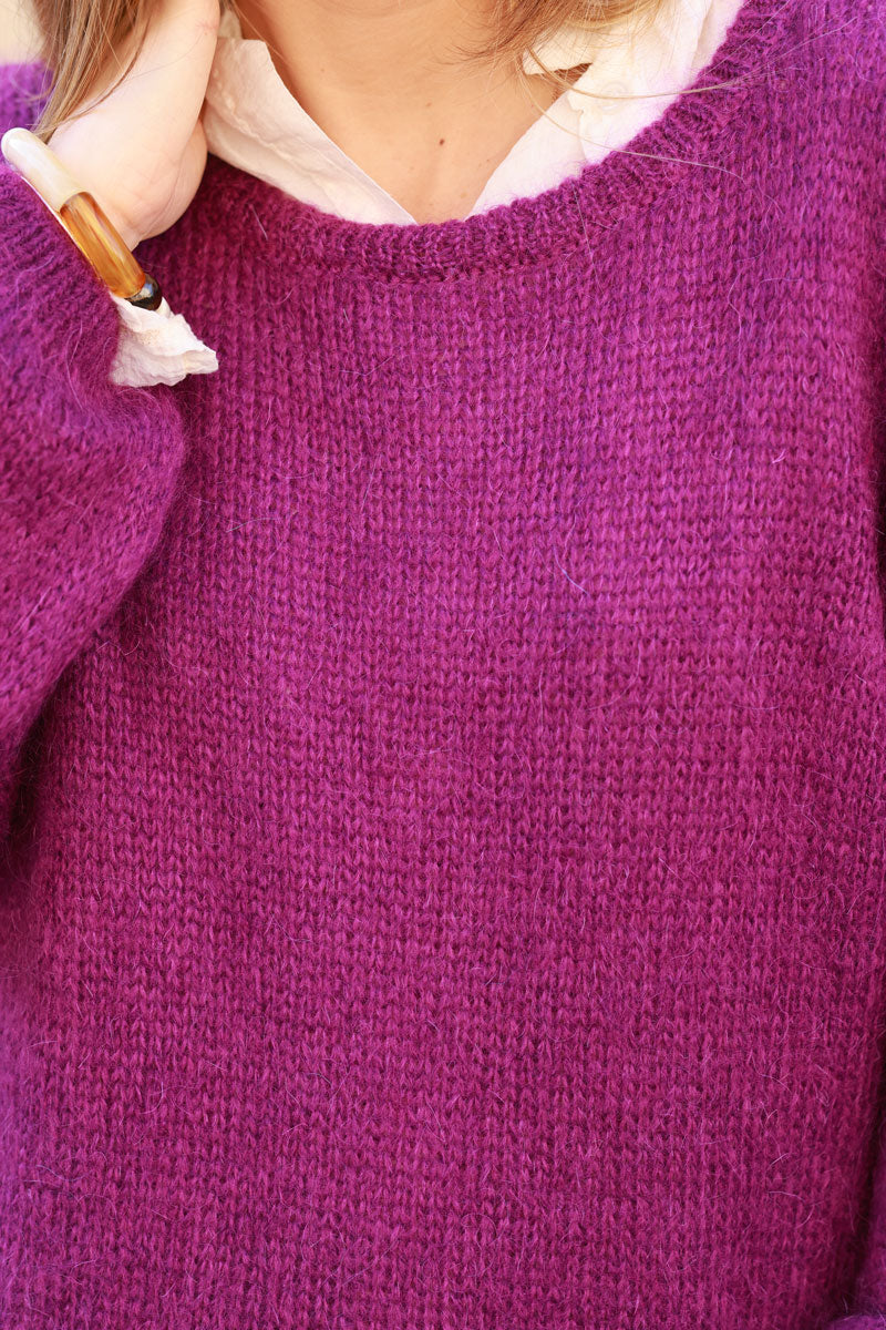 Pull violet en maille manches bouffantes col rond