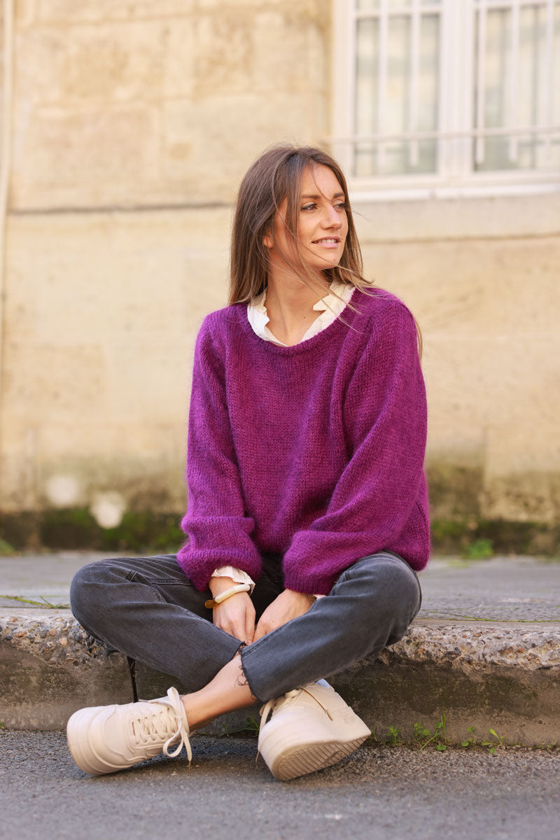 Purple knitted mohair blend sweater round neck