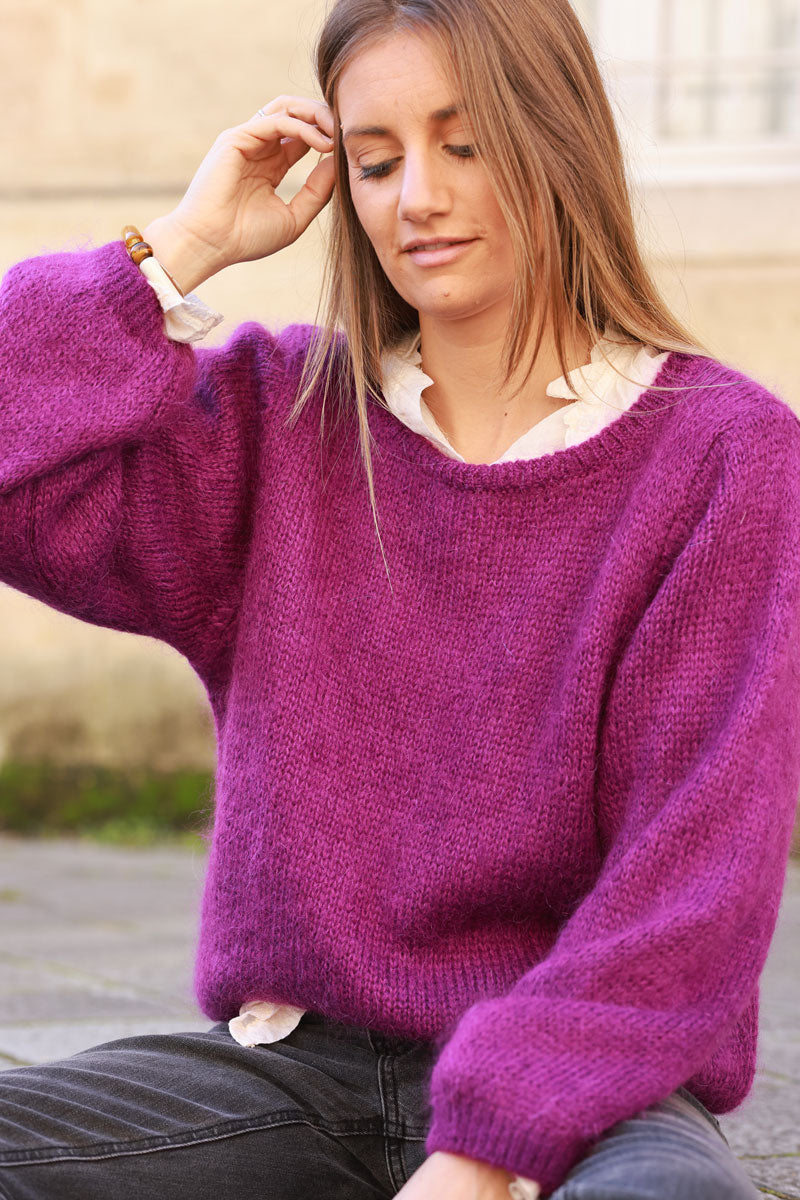 Pull violet en maille manches bouffantes col rond